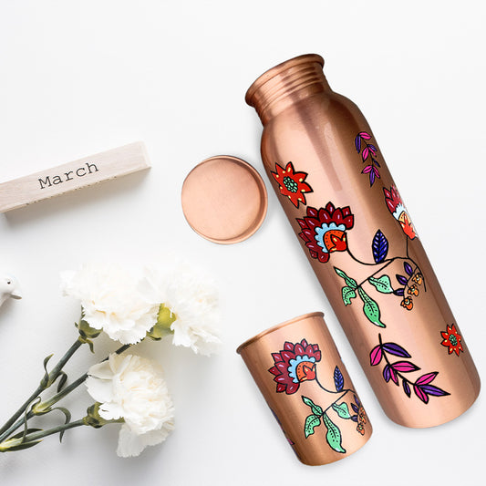 1L Colorful Floral Pattern Hand-Painted Copper Bottle with Glass