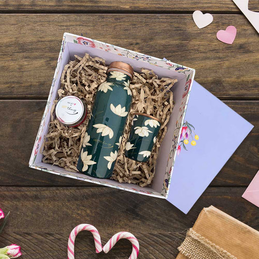 Purple Floral Gift Box with Green Motif 750ML Copper Bottle & Glass