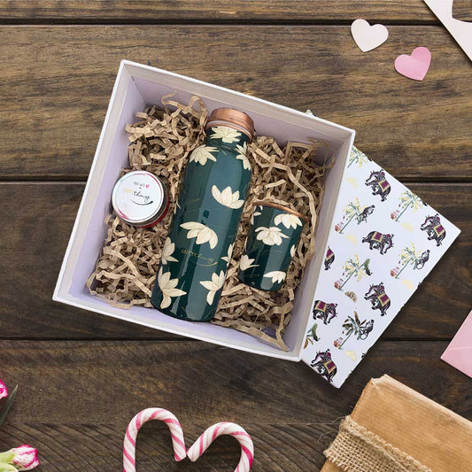 The Ethnic Diwali  Gift Box with Green Floral Motif 750ML Copper Bottle & Glass
