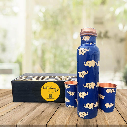 Elephant Pattern Copper Bottle with Glass set of 2 Gift Box