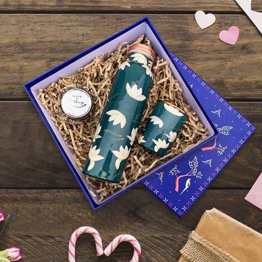 Blue Char Bagh Gift Box with Green Motif Copper Bottle & Meena Glass