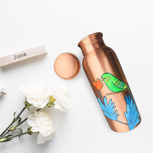750ml Green Parrot Motif Hand-Painted Copper Bottle