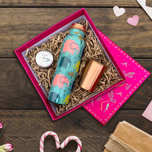 Pink Char Bagh Box with Elephant Pattern Meenakari Copper Bottle & Glass Gift Box
