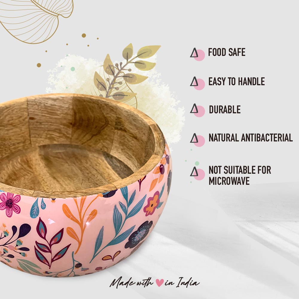 Large Pink Floral Pattern Wooden Bowl