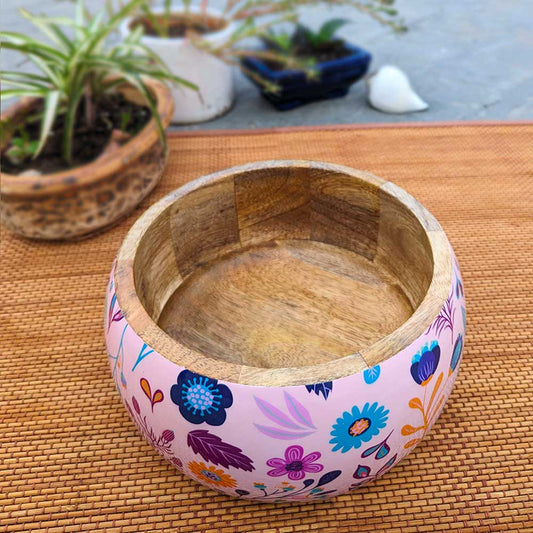 Large Pink Floral Pattern Wooden Bowl