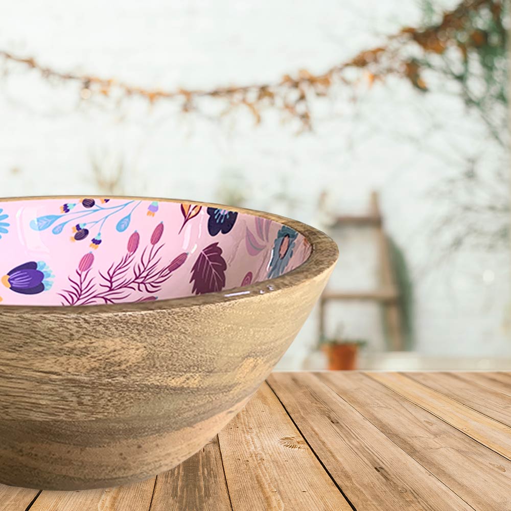 Large Pink Floral Motif Wooden Bowl