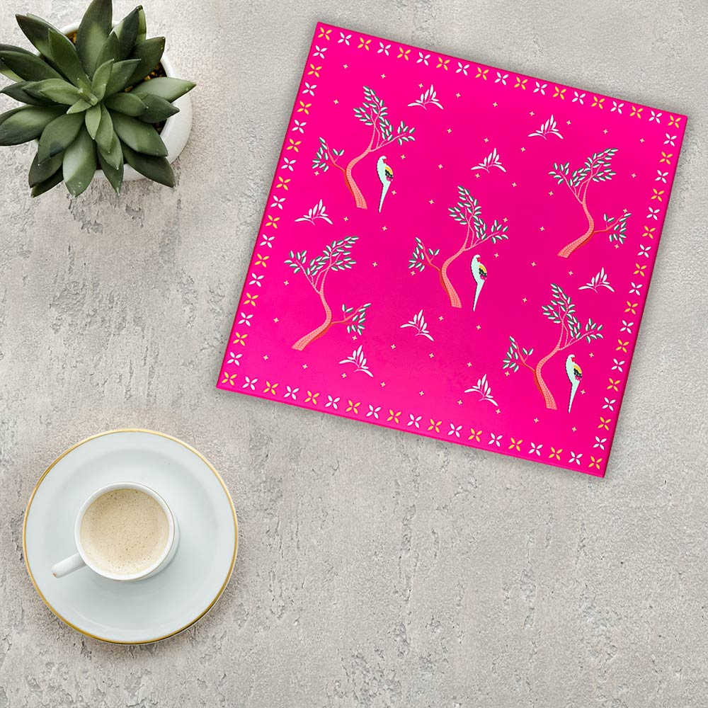 Pink Char Bagh Box with Elephant Pattern Meenakari Copper Bottle & Glass Gift Box