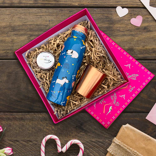 Pink Char Bagh Box with Cute Dog Pattern Meenakari Copper Bottle & Glass Gift Box