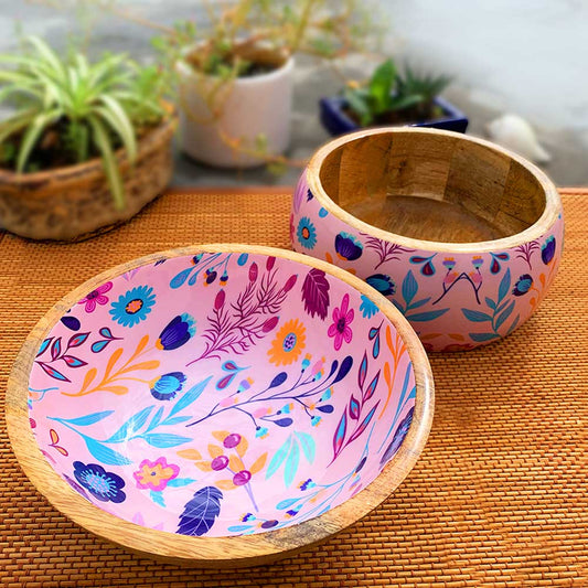 Pink Floral Motif Wooden Bowl Combo