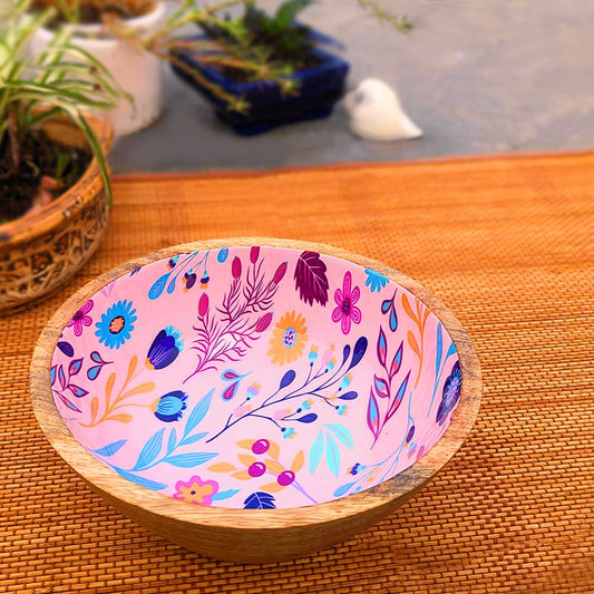 Large Pink Floral Motif Wooden Bowl