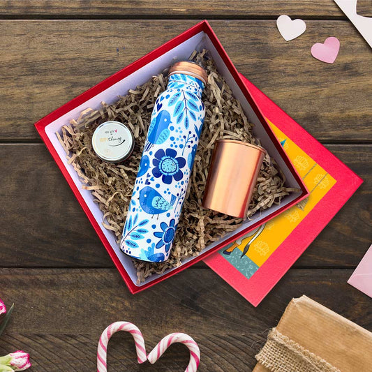 Blue Chirpy Bird Pattern Meenakari Copper Bottle & Glass Gift Box