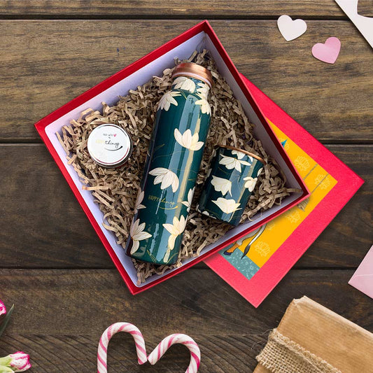 Red Gift Box with Green Floral Motif Copper Bottle & Meena Glass