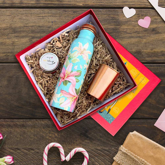 Floral Vintage Blue Motif Copper Bottle & Glass Gift Box