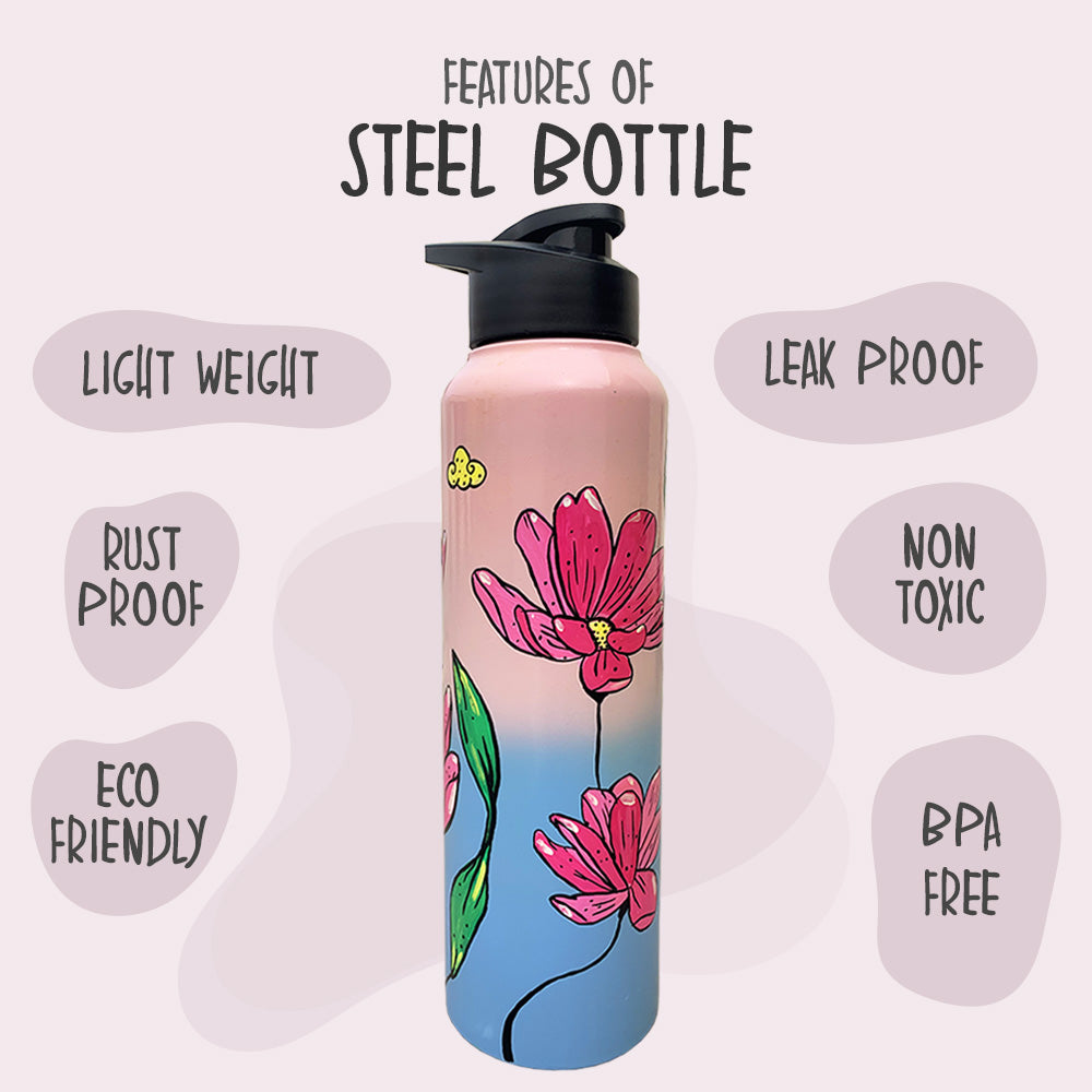 1L Lotus Pattern Hand-Painted Steel Bottle