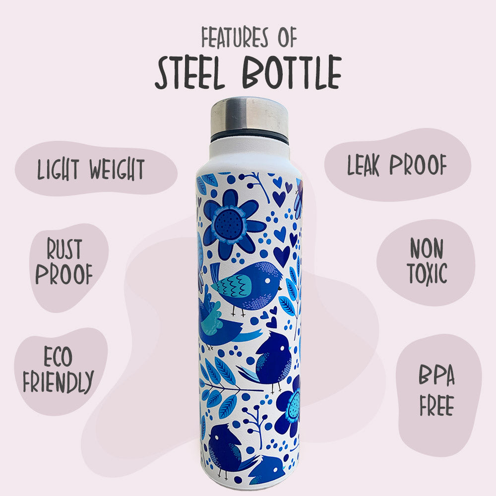 Chirpy Bird Pattern Blue Steel Bottle