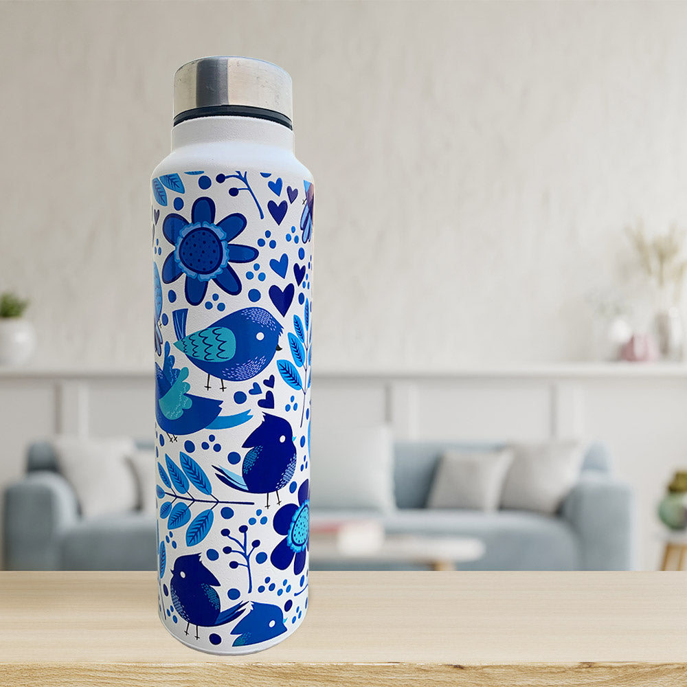 Chirpy Bird Pattern Blue Steel Bottle