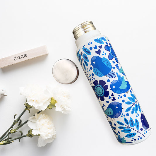 Chirpy Bird Pattern Blue Steel Bottle