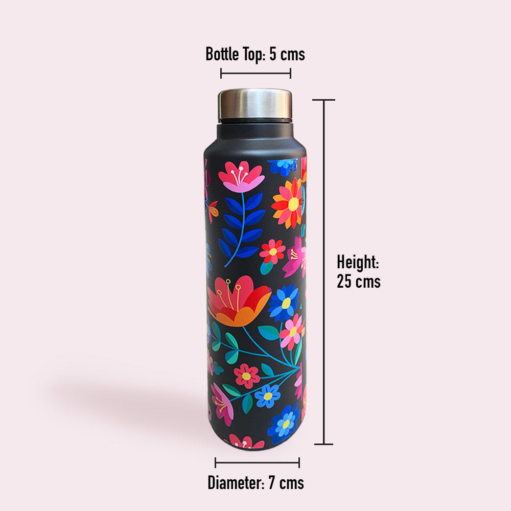 Black Floral Pattern Steel Bottle