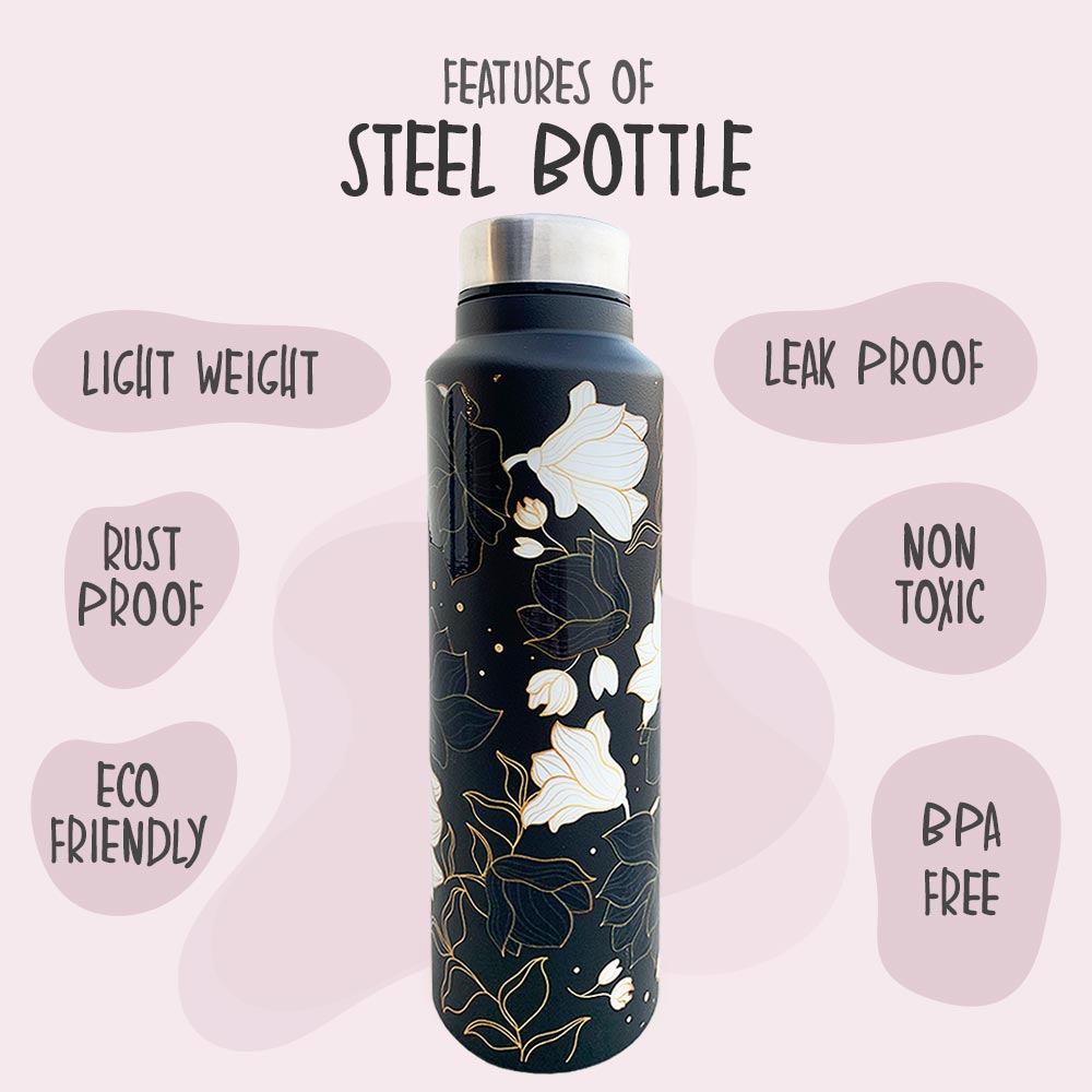 Black Floral Pattern Steel Bottle