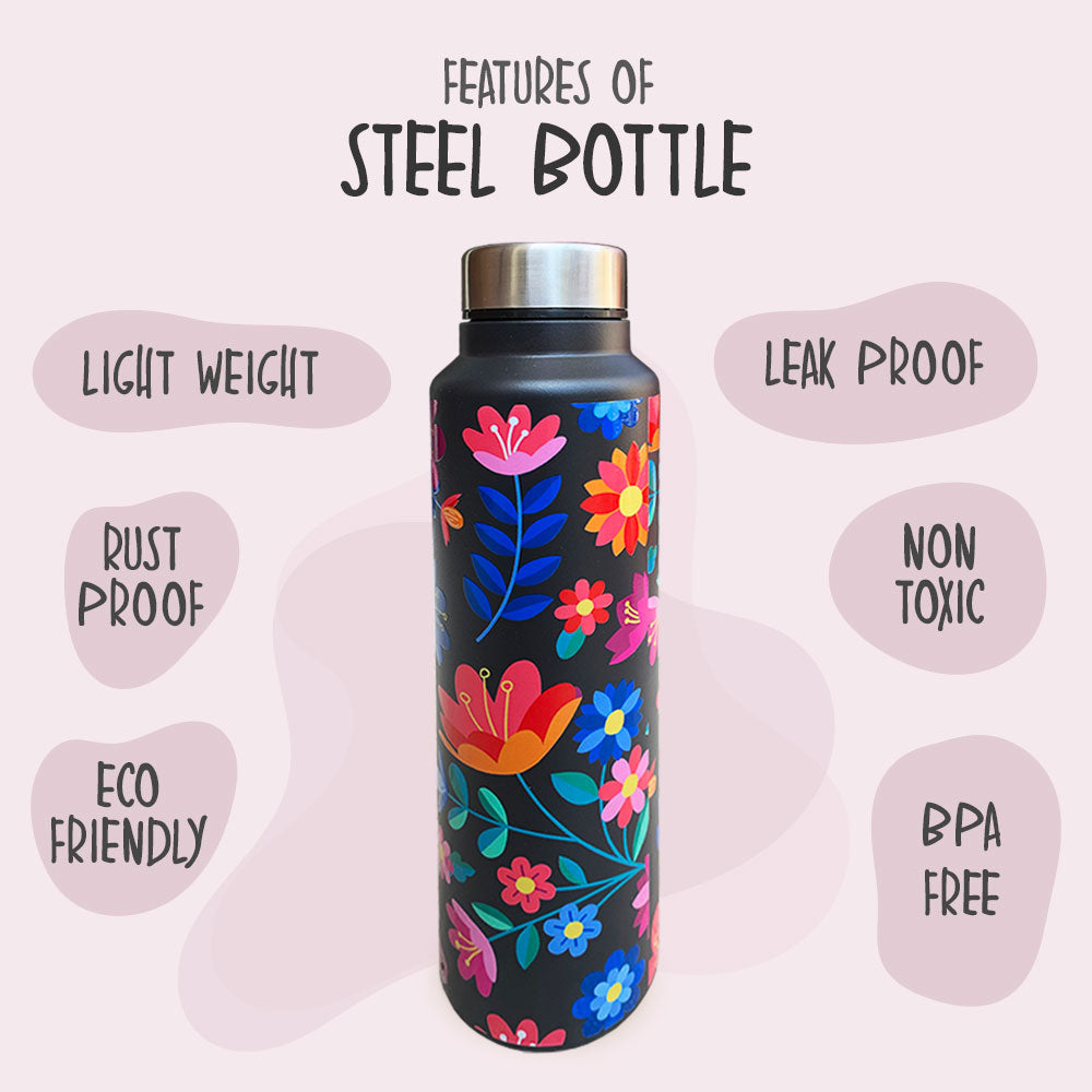 Black Floral Pattern Steel Bottle
