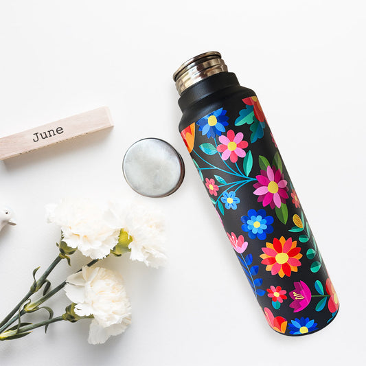 Black Floral Pattern Steel Bottle