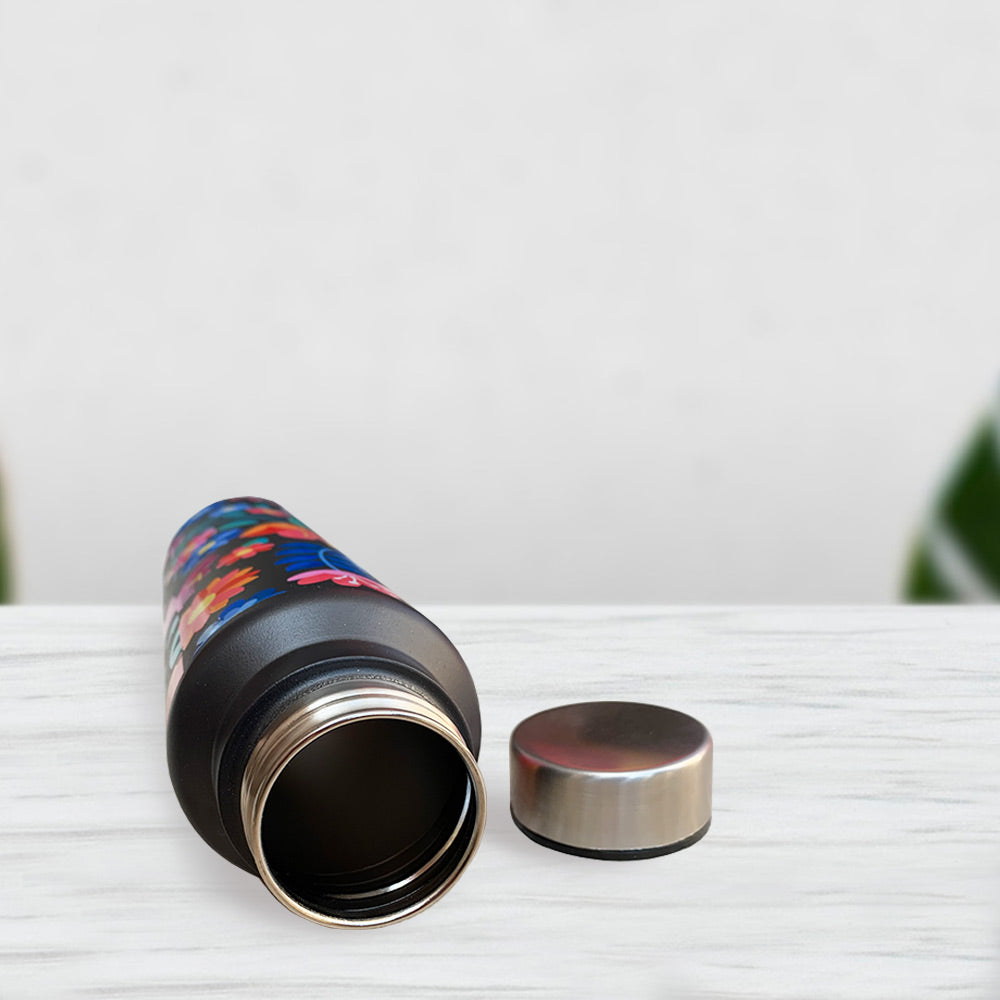 Black Floral Pattern Steel Bottle