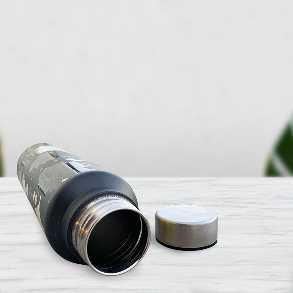 Black Floral Pattern Steel Bottle