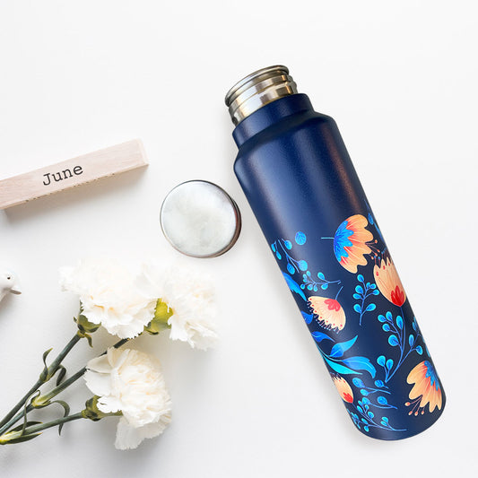 Blue Floral Pattern Steel Bottle