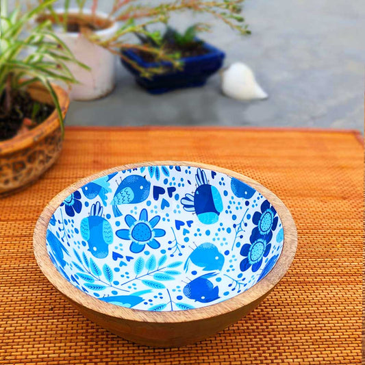Large Blue Bird Motif Wooden Bowl