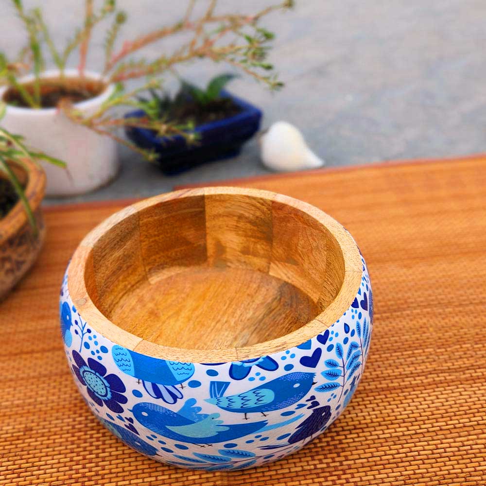 Blue Bird Motif Wooden Bowl Combo
