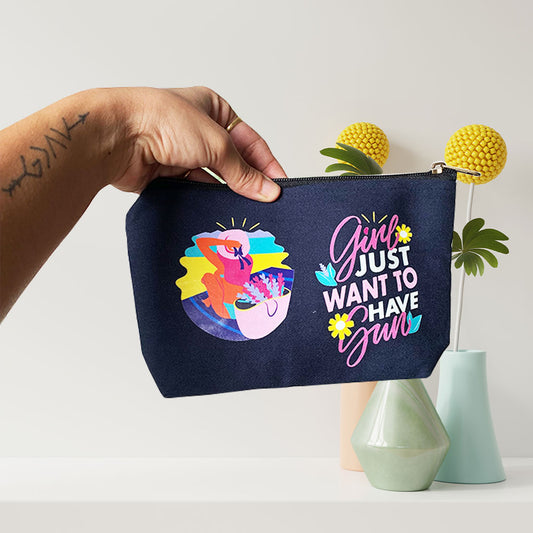 Girls Just Want To Have Fun Multi-Purpose Grey Cotton Pouch