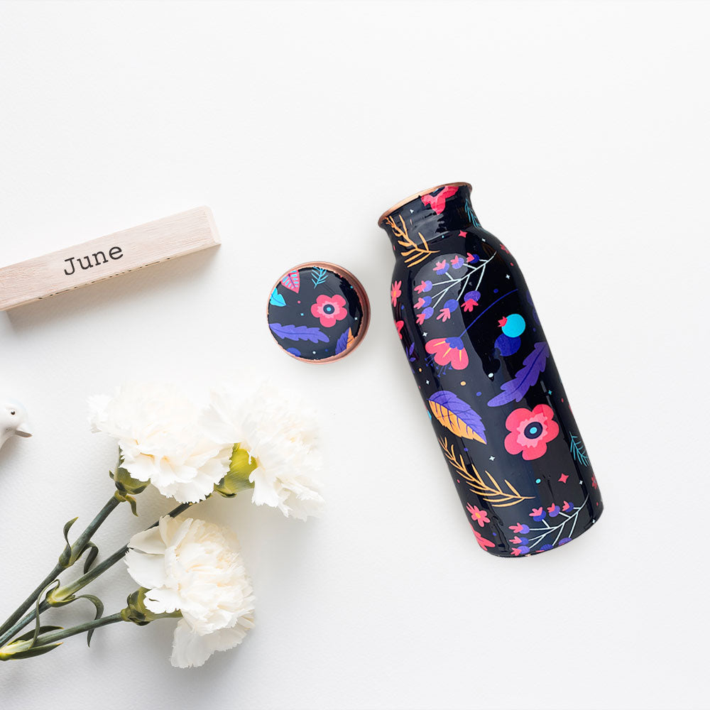 500 ML Small Black Floral Pattern Meenakari Copper Bottle