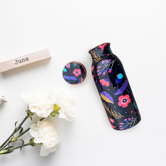500 ML Small Black Floral Pattern Meenakari Copper Bottle