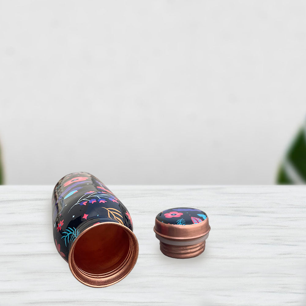 500 ML Small Black Floral Pattern Meenakari Copper Bottle