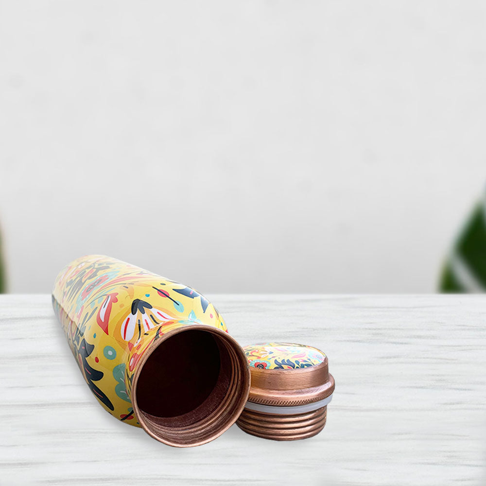Yellow Indian Pattern Meenakari Copper Bottle and Glass Set