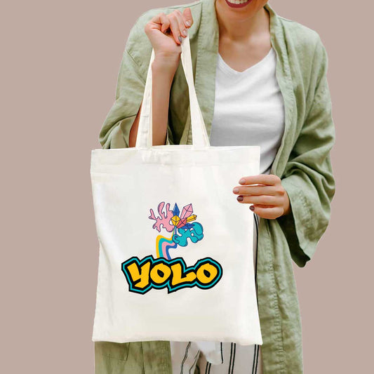 YOLO White Cotton Tote Bag for Daily Use