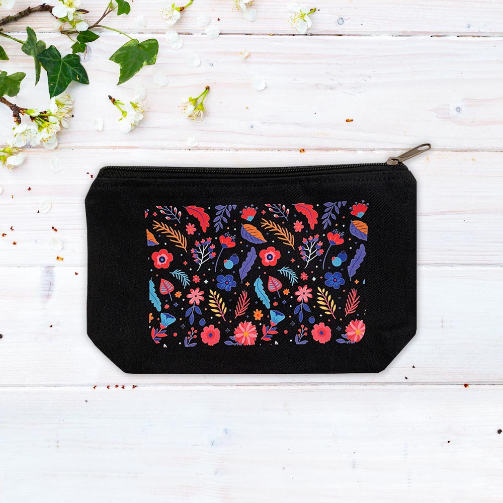 Floral Pattern Multi-Purpose Black Cotton Pouch