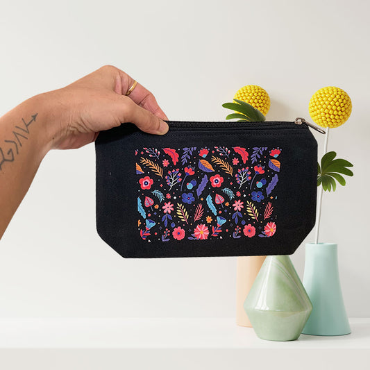 Floral Pattern Multi-Purpose Black Cotton Pouch