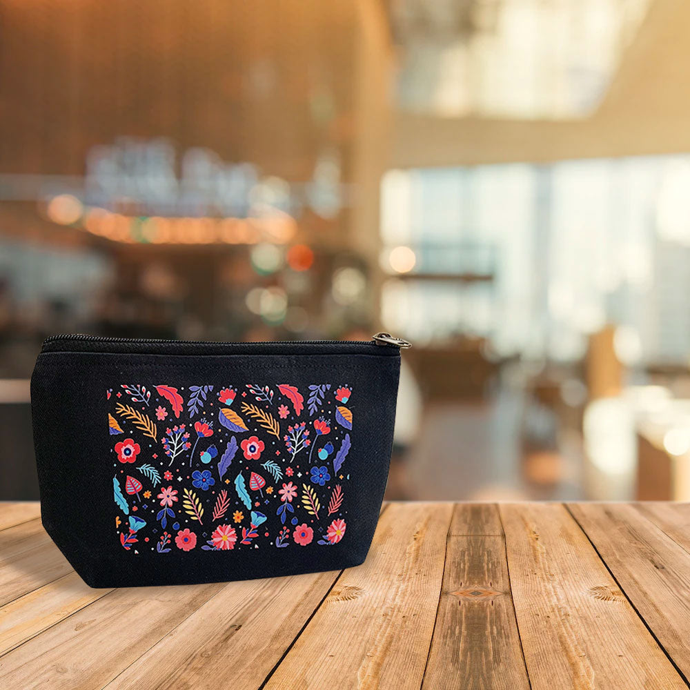 Floral Pattern Multi-Purpose Black Cotton Pouch