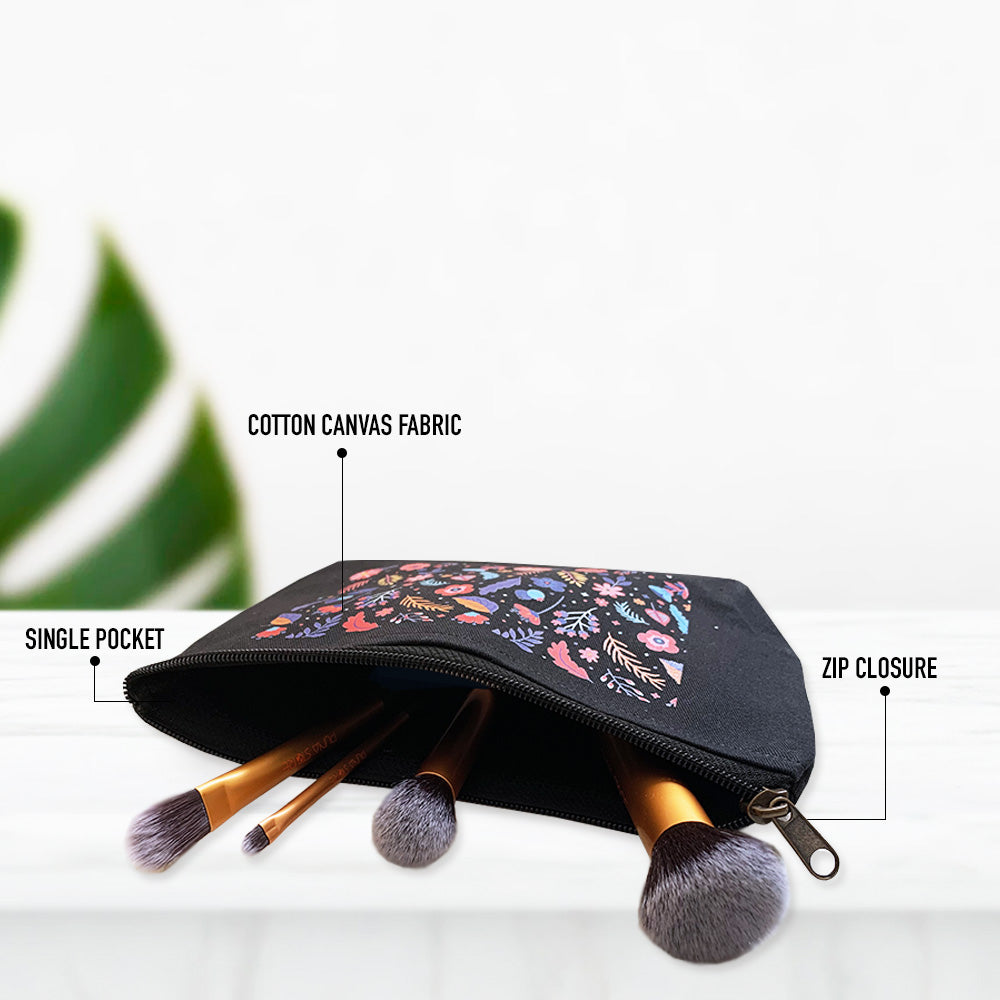 Floral Pattern Multi-Purpose Black Cotton Pouch
