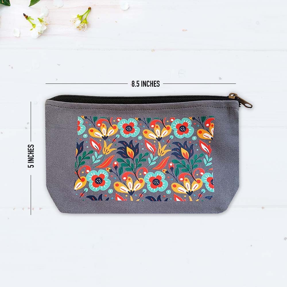 Floral Pattern Multi-Purpose Grey Cotton Pouch