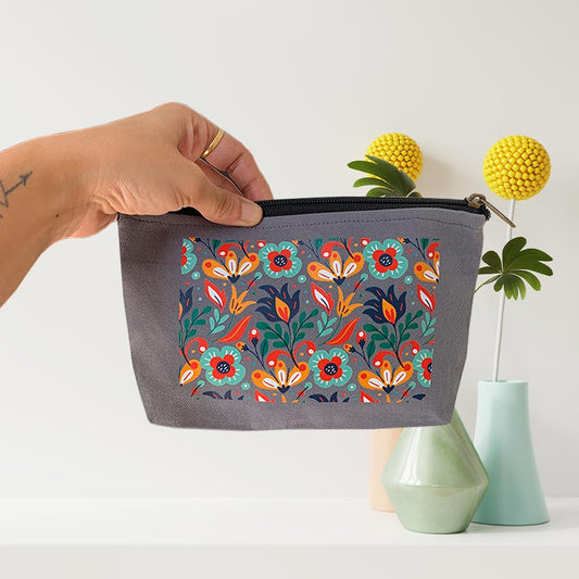 Floral Pattern Multi-Purpose Grey Cotton Pouch