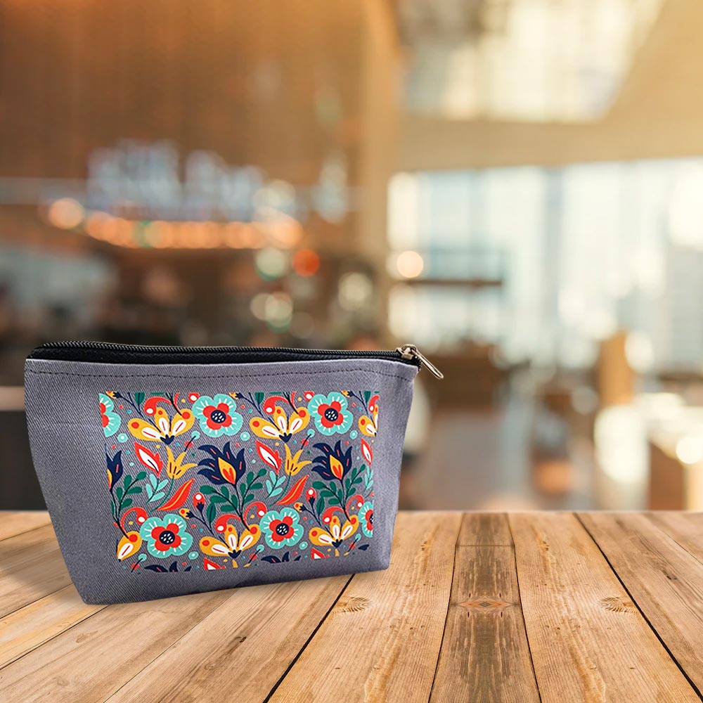 Floral Pattern Multi-Purpose Grey Cotton Pouch