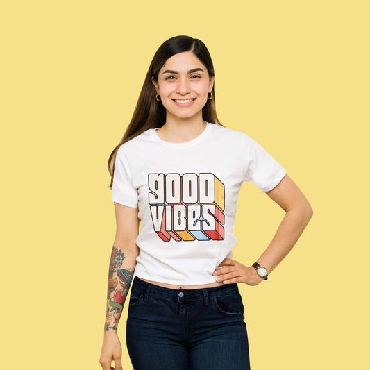 Good Vibes Trendy Graphic White Crop-Top for Women and Girls