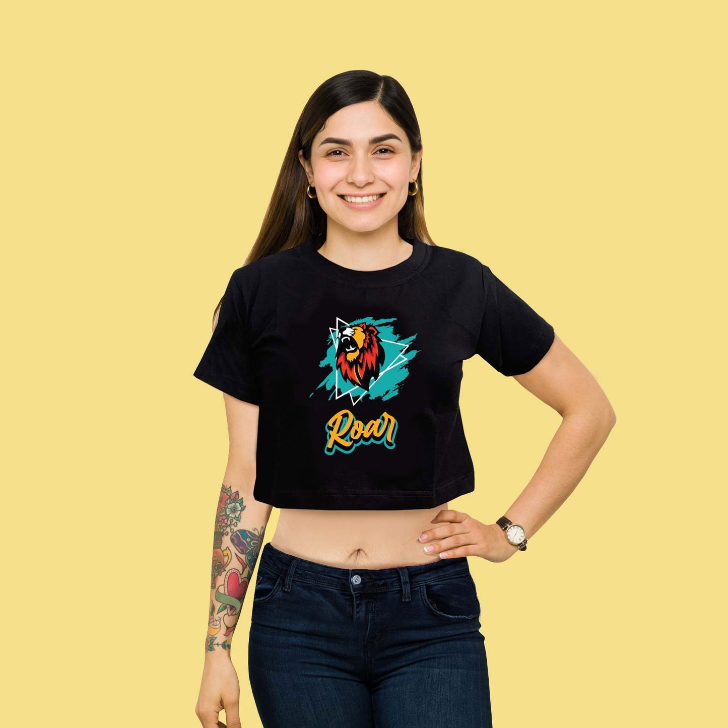 Roar Graphic Black trendy Crop-Top for Women and Girls