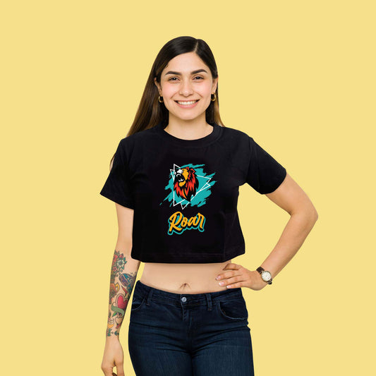 Roar Graphic Black trendy Crop-Top for Women and Girls