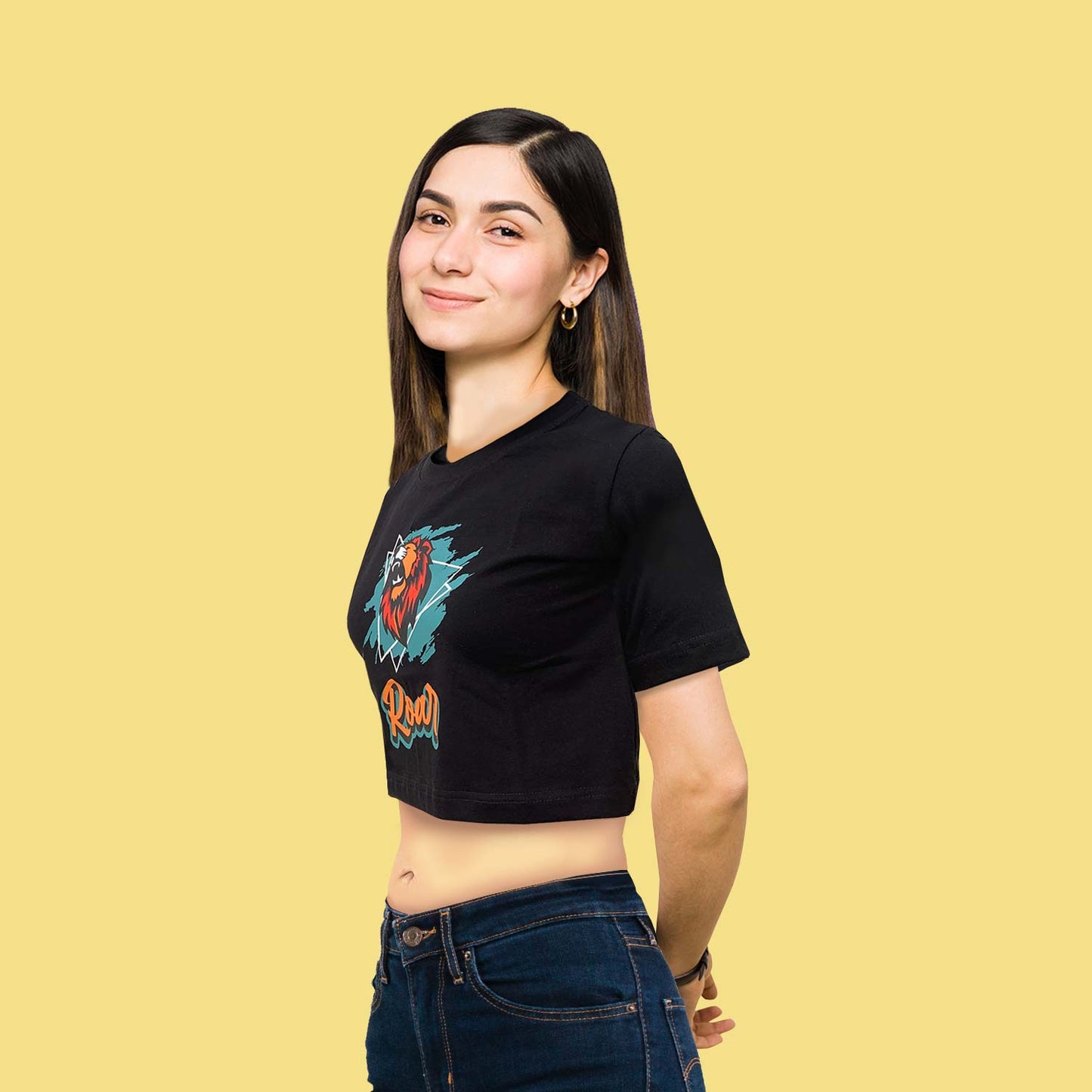 Roar Graphic Black trendy Crop-Top for Women and Girls