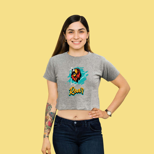 Roar Power Graphic Grey trendy Crop-Top for Women and Girls