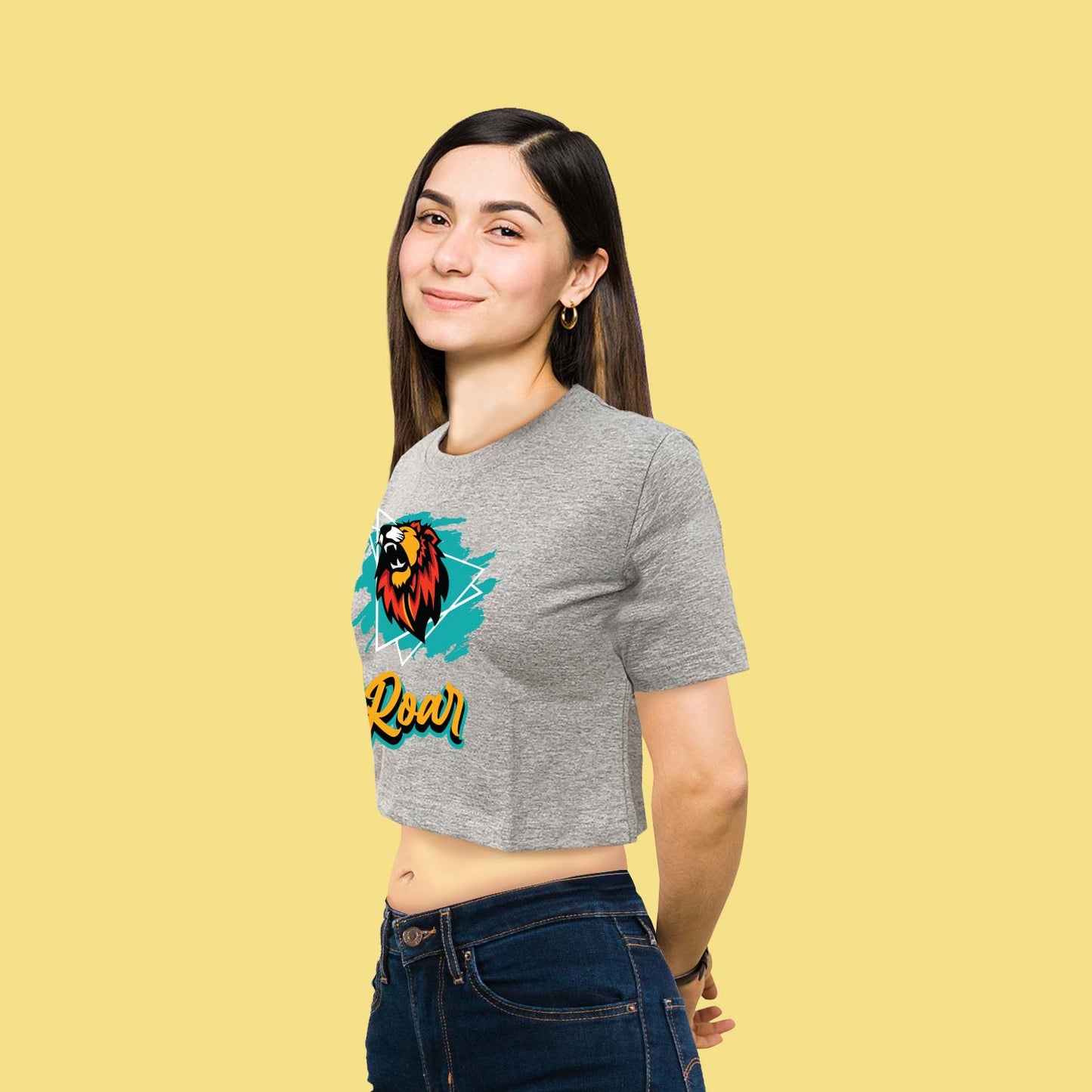 Roar Power Graphic Grey trendy Crop-Top for Women and Girls