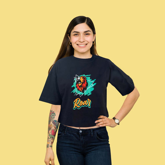 Roar Power Graphic Black trendy Oversize Crop-Top for Women and Girls